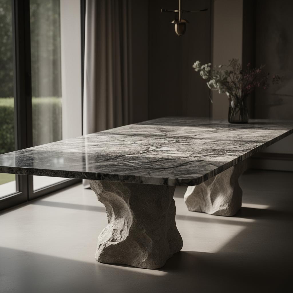 Bespoke handcrafted stone dining table with sculpted base