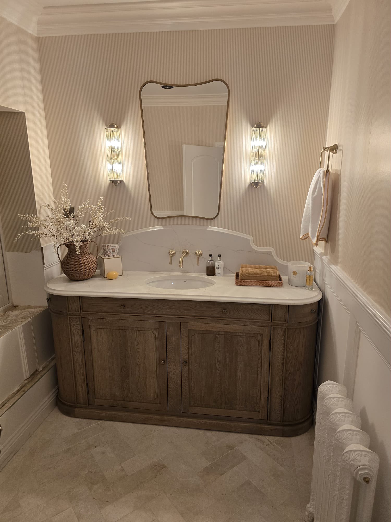 Moderna Gold Quartz kitchen worktop installed in Margam — Moderna Gold Quartz bathroom vanity in Margam